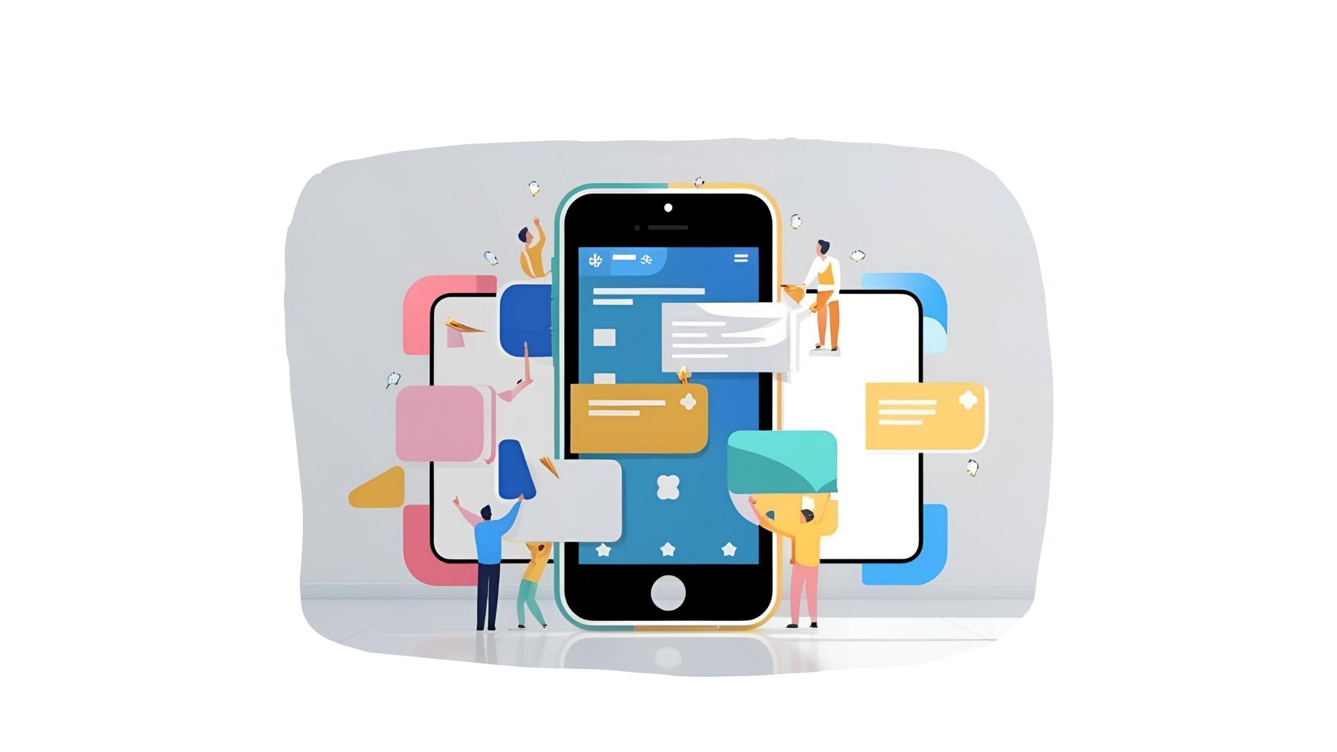 Un dessin d'application construite comme un puzzle, des morceaux sont manipulés pour donner vie à une idée, cela image le développement d'application sur mesure